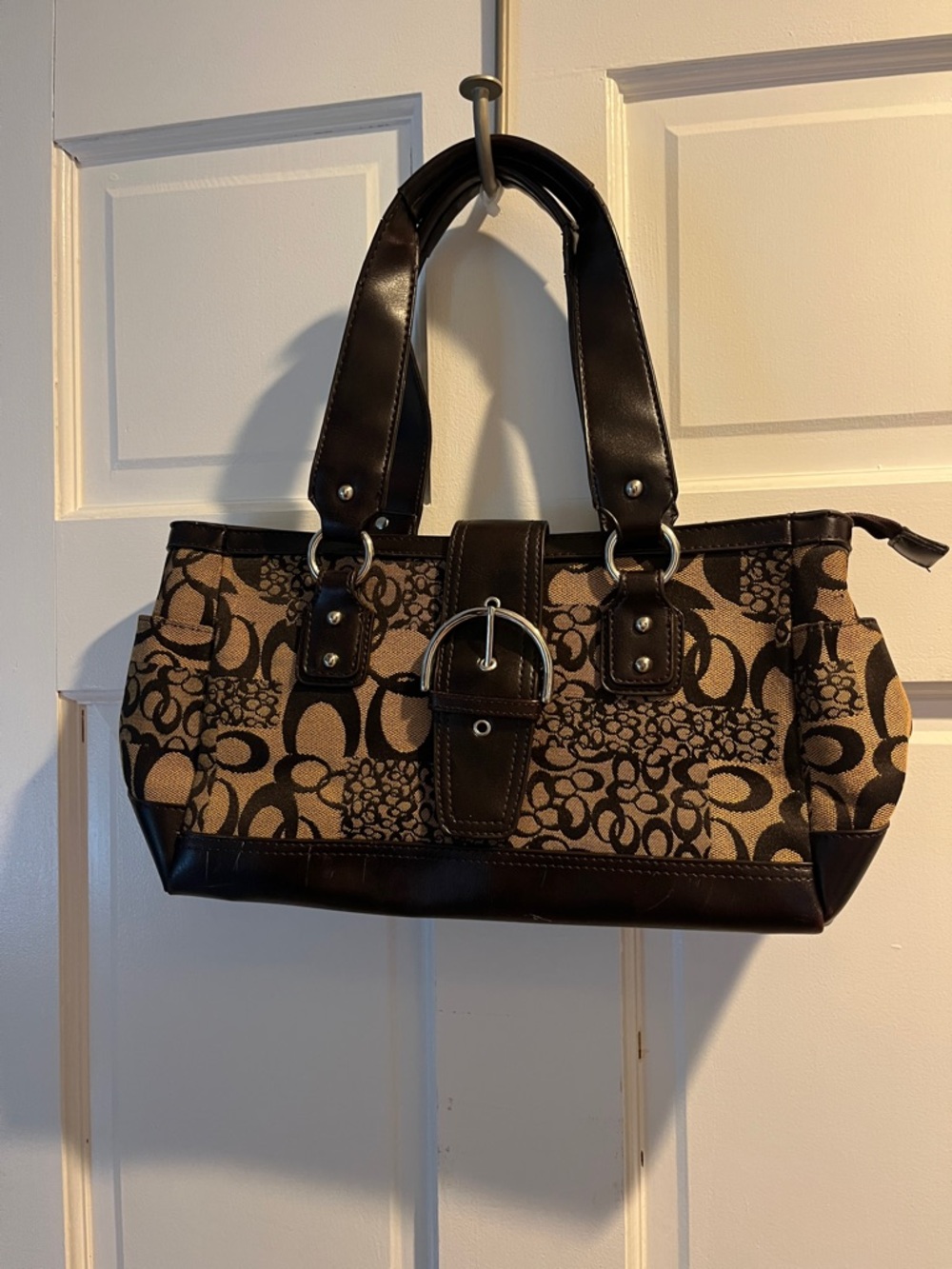 Brown Patterned Tote with Dark Brown Trim (knock-off coach inspired print)